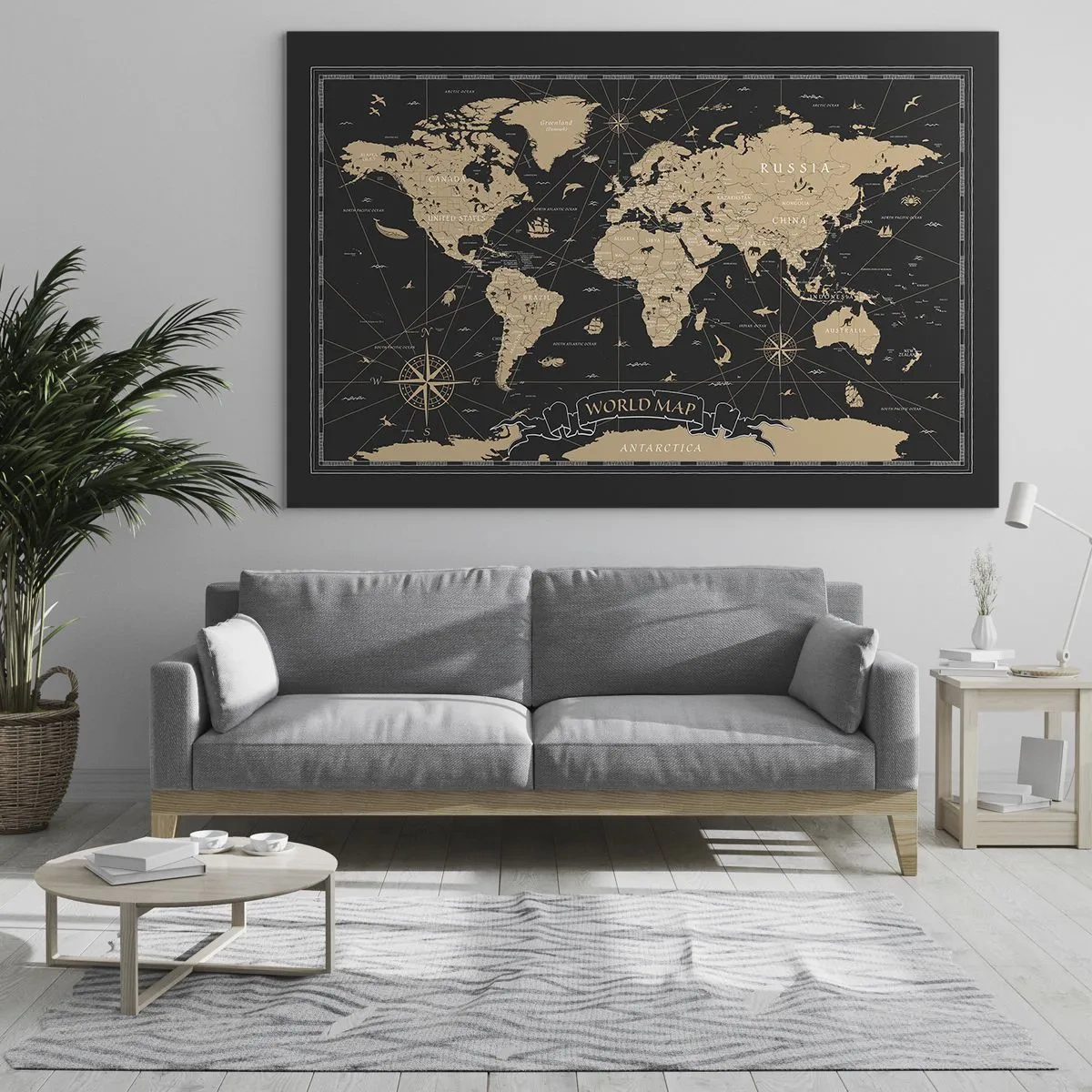 Glass picture - Stylized world map in shades of beige and black - 70x50cm - Borders of My World - Modern wall decoration for the living room and bedroom ARTTOR