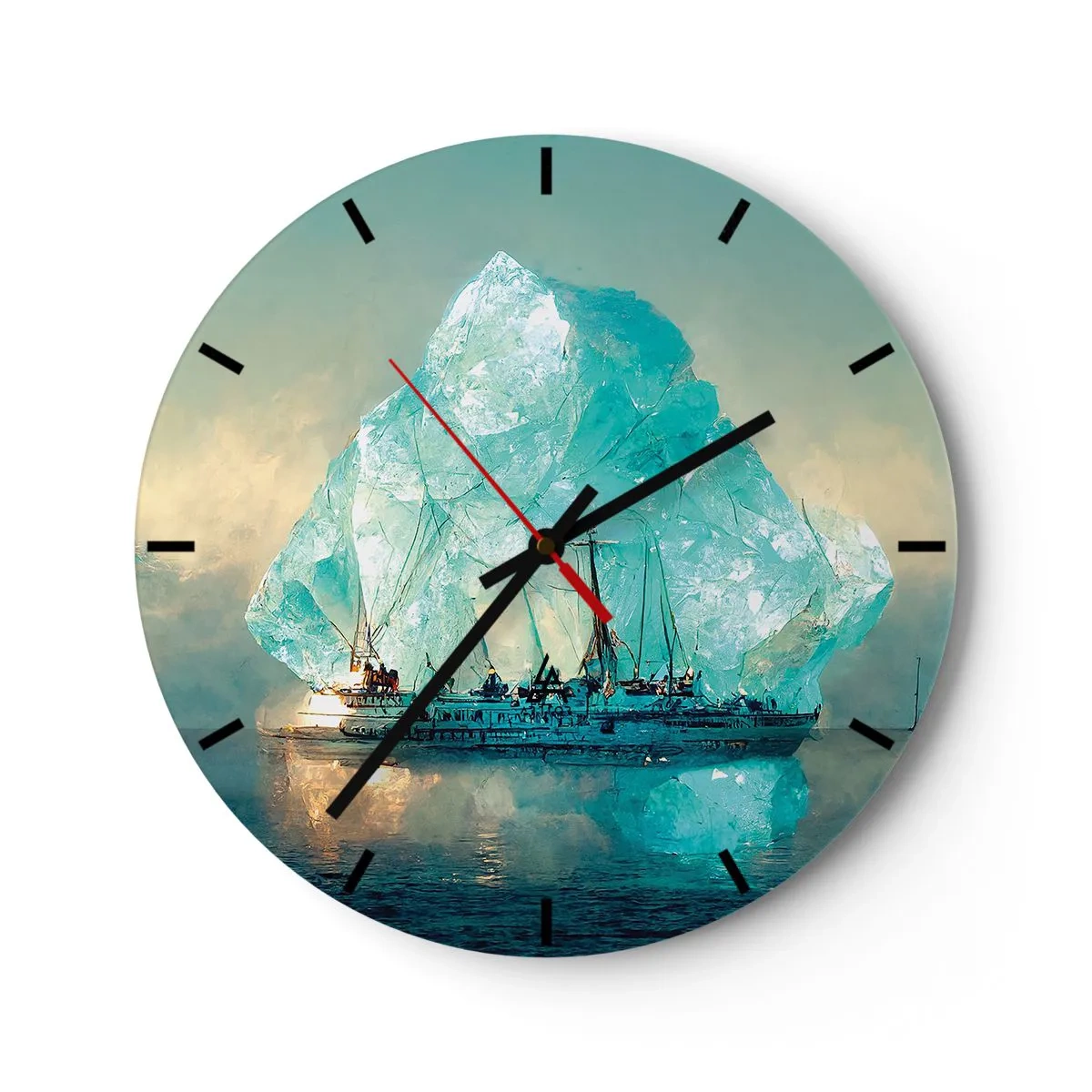 Wall clock - Clock on glass - A ship among blue icebergs against the sky - 30x30cm - Arctic Diamond - Modern wall decoration for the living room, kitchen, and bedroom ARTTOR