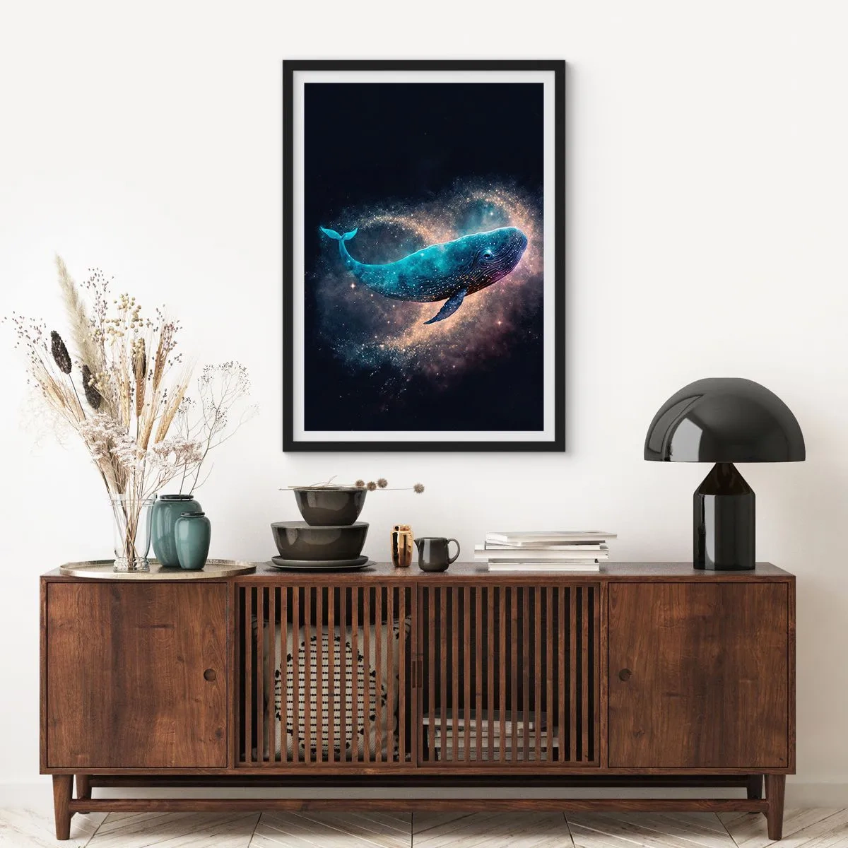 Poster in black frame - A space whale surrounded by a star nebula on a black background. - 50x70cm - Such World Exists... - Modern wall decoration for the living room and bedroom ARTTOR