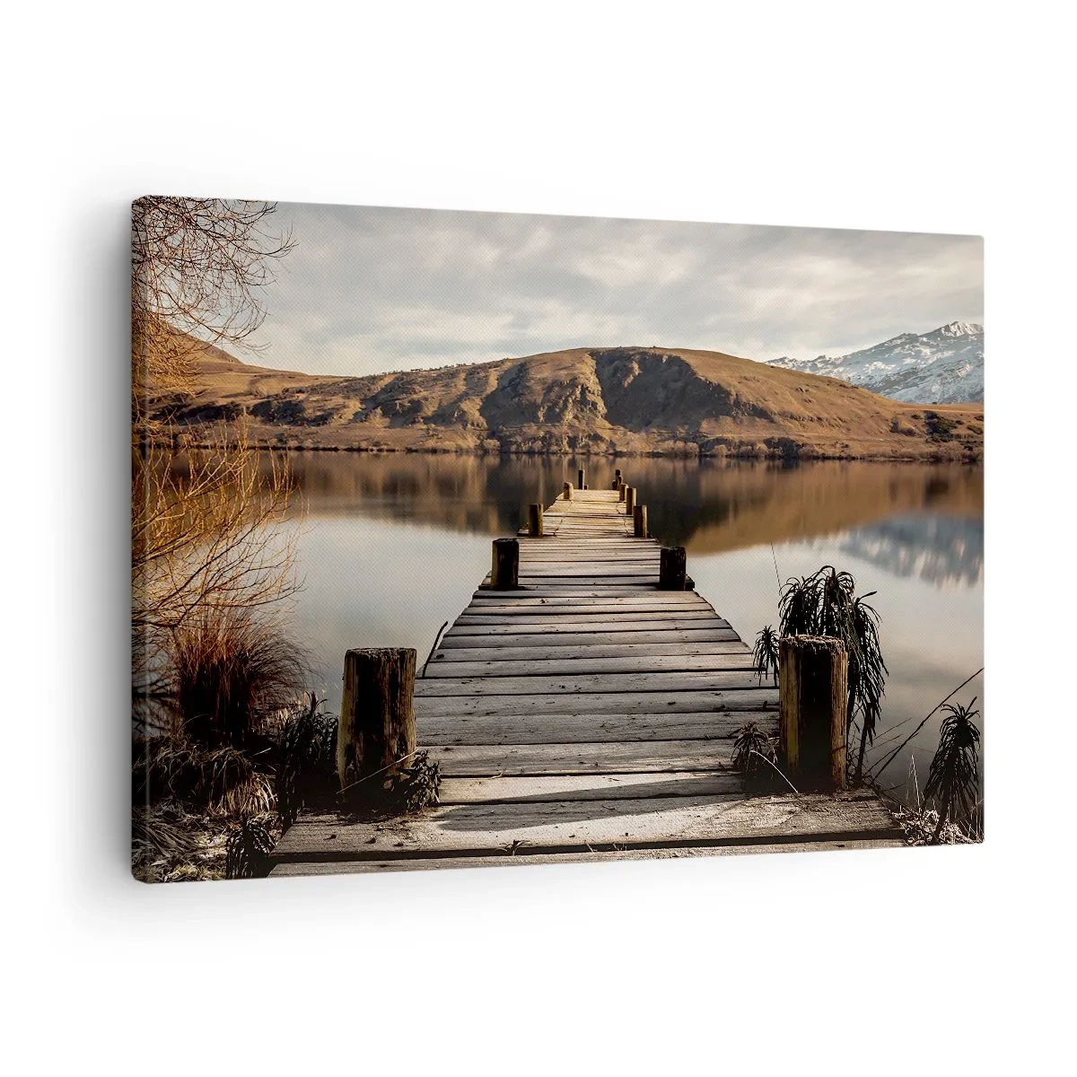 Canvas picture - A wooden pier over a lake surrounded by picturesque hills - 70x50cm - Landscape in Silence - Modern wall decoration for the living room and bedroom ARTTOR