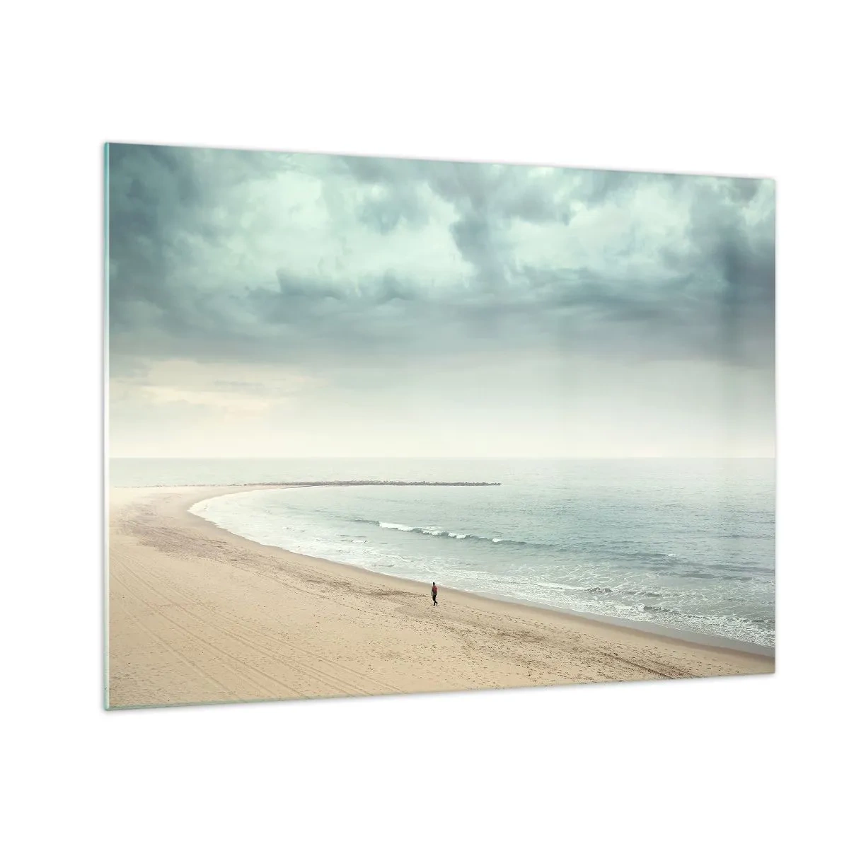 Glass picture - A figure strolling on an empty beach by a calm sea - 70x50cm - In Search of Quiet - Modern wall decoration for the living room and bedroom ARTTOR