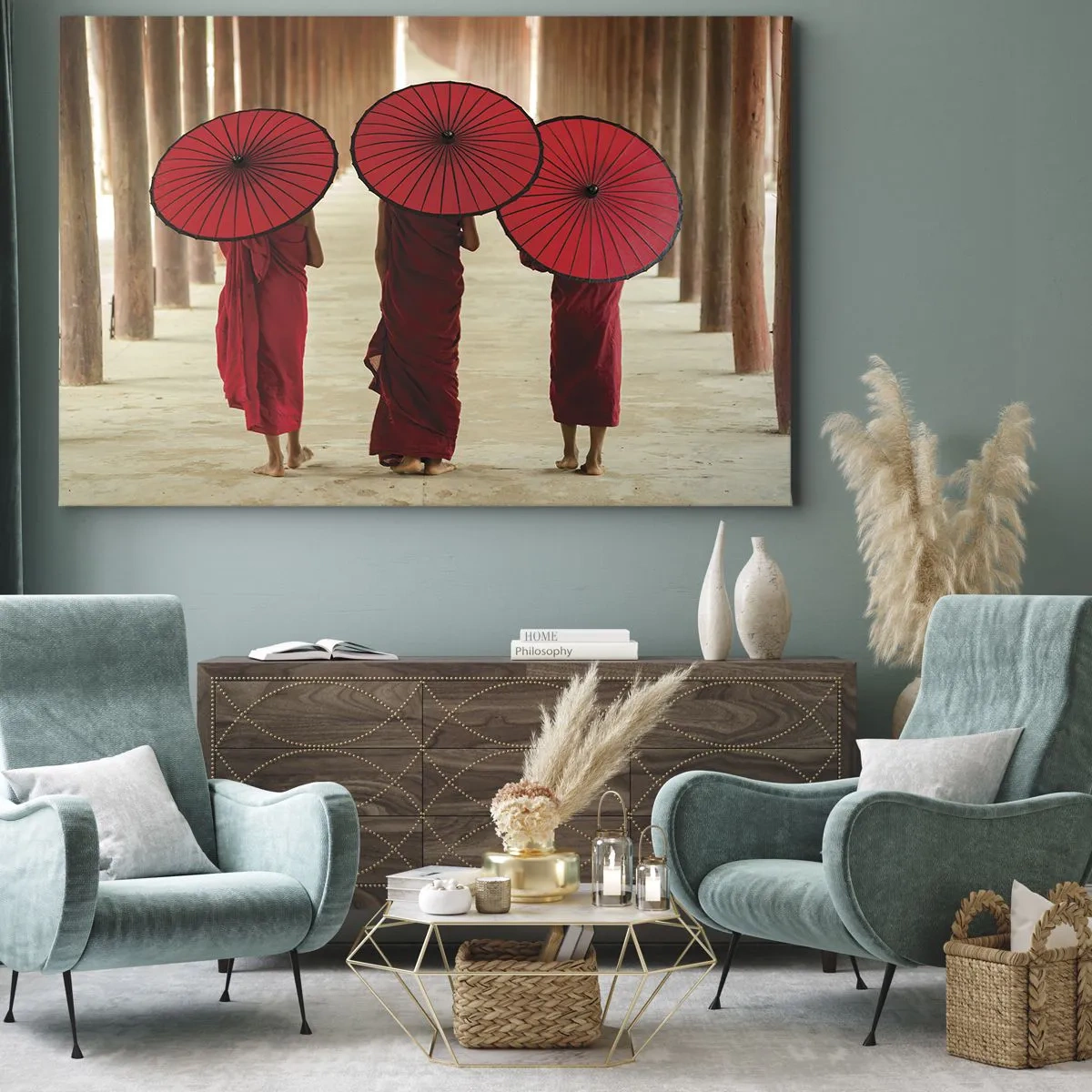Canvas picture - Three monks with red umbrellas in traditional architecture - 70x50cm - On the Way to Pure Country - Modern wall decoration for the living room and bedroom ARTTOR