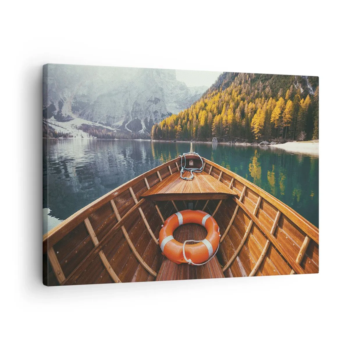 Canvas picture - A wooden boat on a mountain lake surrounded by forest - 70x50cm - Mountain Hike - Modern wall decoration for the living room and bedroom ARTTOR