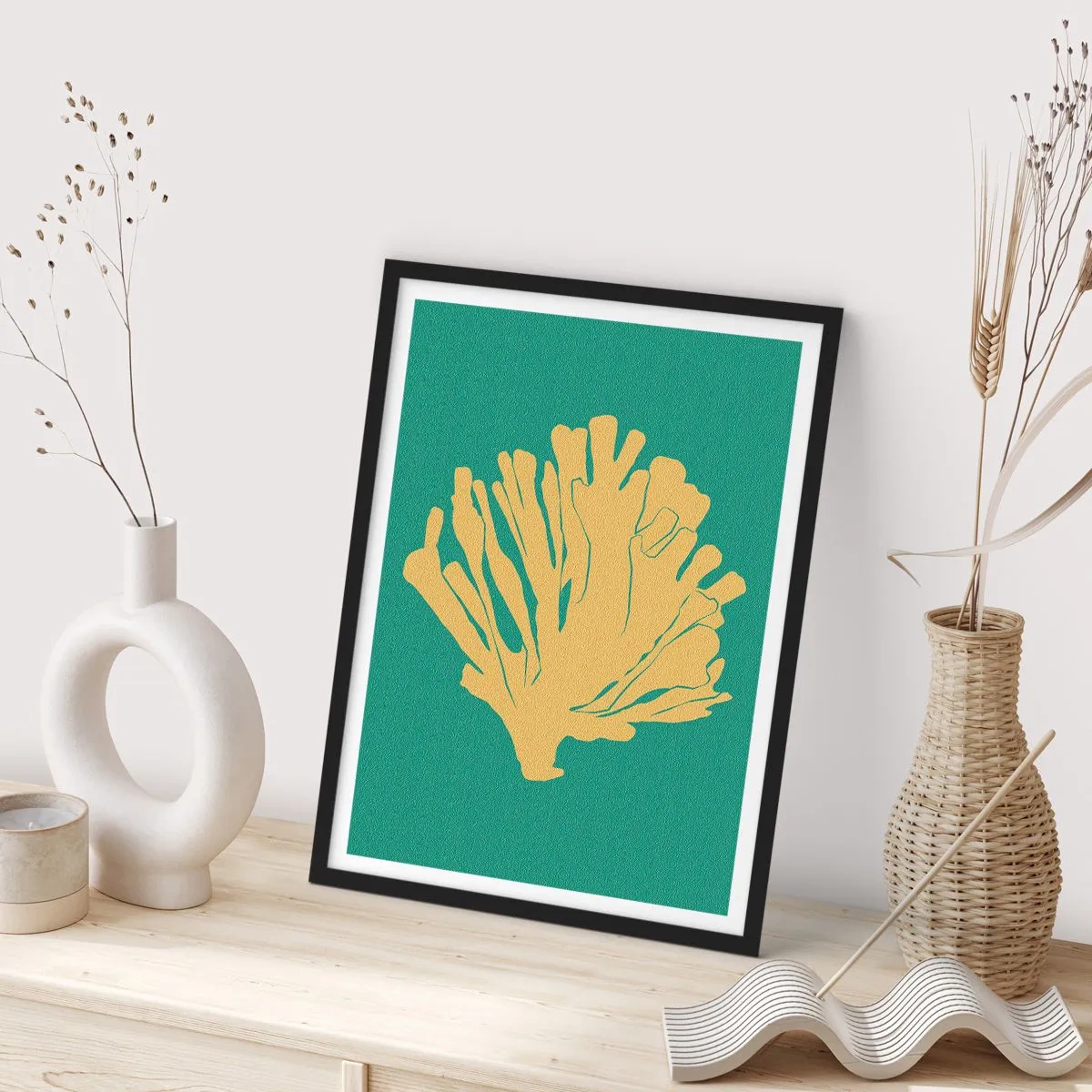 Poster in black frame - Golden coral on a turquoise background - 50x70cm - Bush of Underwater Forest - Modern wall decoration for the living room and bedroom ARTTOR