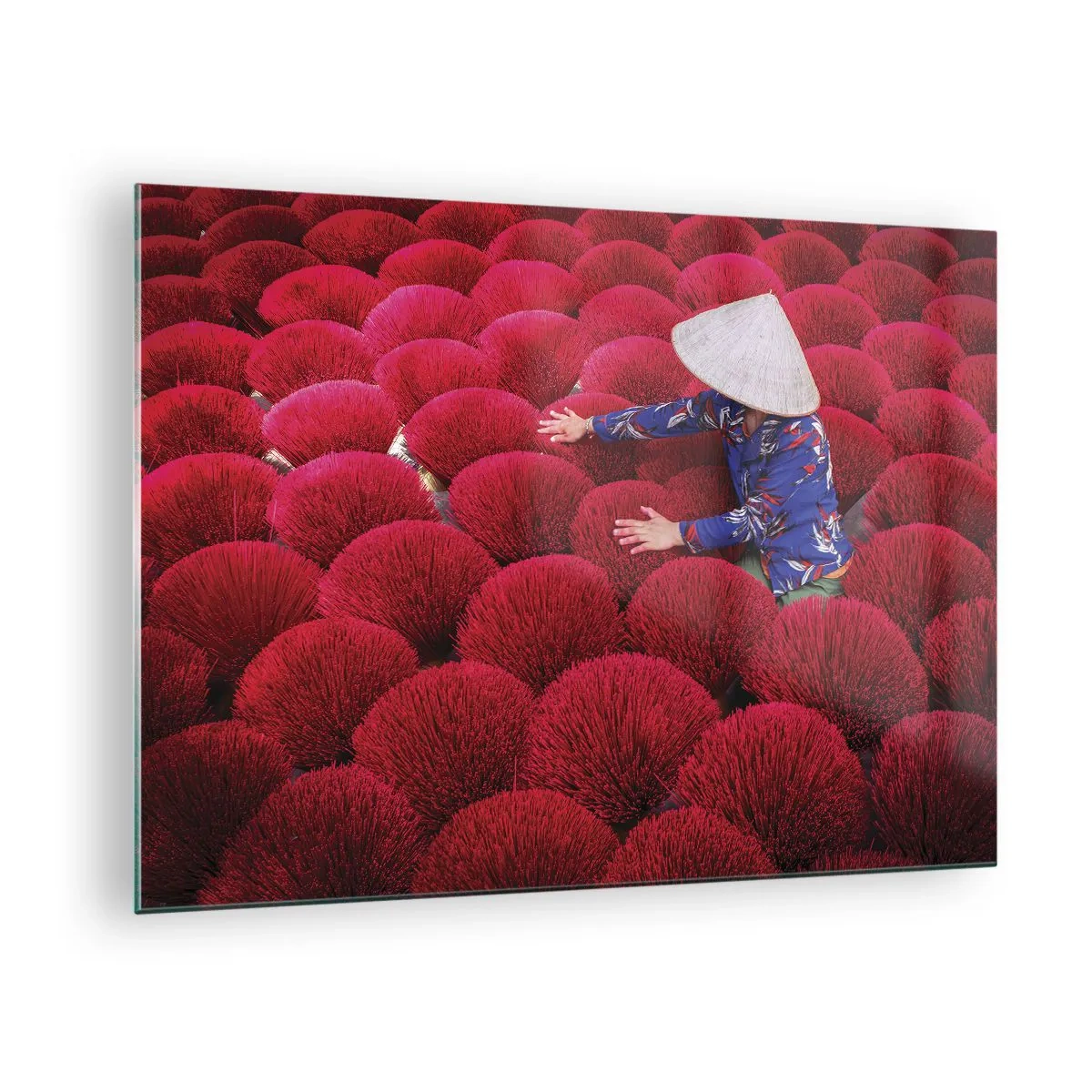 Glass picture - A worker among red incense sticks against a pattern background - 70x50cm - In the Rice Field - Modern wall decoration for the living room and bedroom ARTTOR