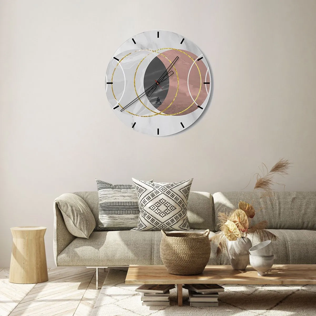 Wall clock - Clock on glass - Geometric circles in shades of gray and copper with gold accents - 30x30cm - Music of the Spheres - Modern wall decoration for the living room, kitchen, and bedroom ARTTOR