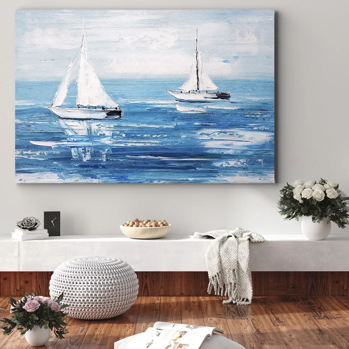 Canvas picture - Yachts on the blue sea in an artistic style - 70x50cm - With a Friend by the Side - Modern wall decoration for the living room and bedroom ARTTOR
