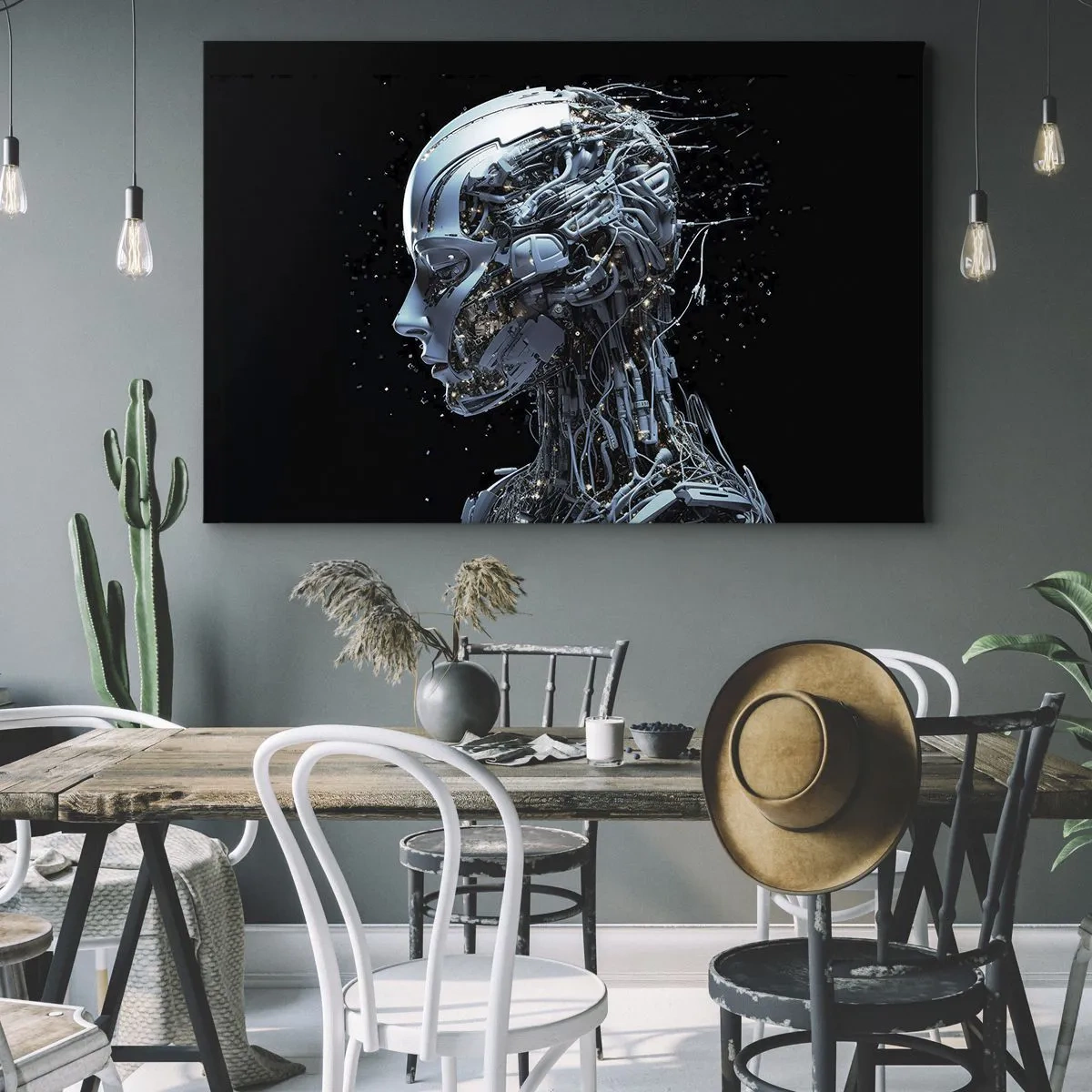Canvas picture - Futuristic portrait of a cyborg in an industrial style on a black background. - 70x50cm - Technology Is a Woman - Modern wall decoration for the living room and bedroom ARTTOR