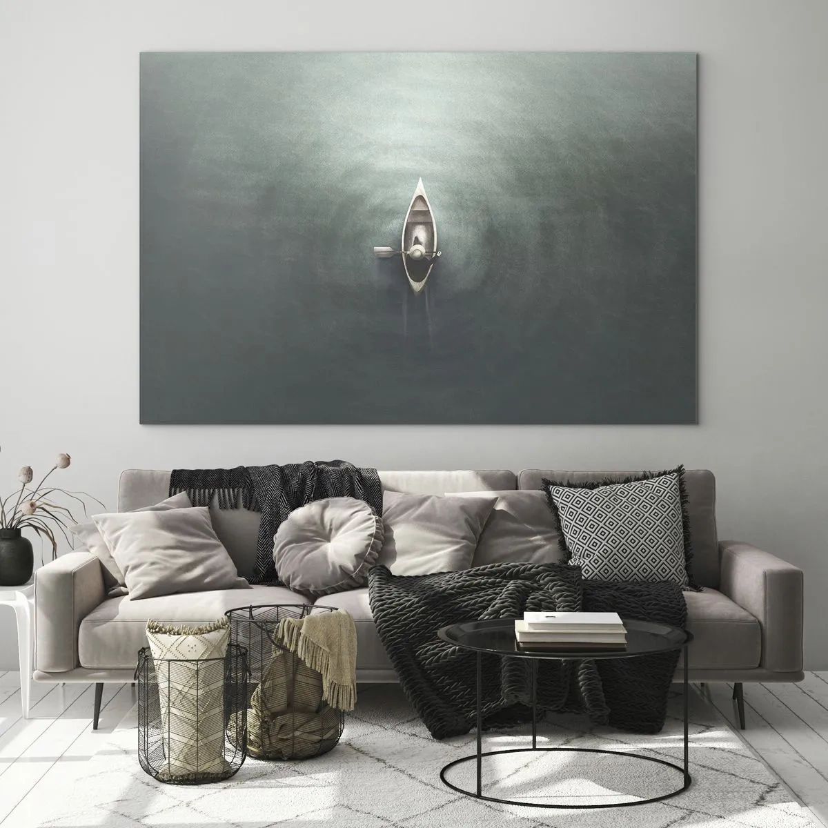 Glass picture - A lonely boat drifting on a calm, greenish lake - 70x50cm - Through Moon Lake - Modern wall decoration for the living room and bedroom ARTTOR