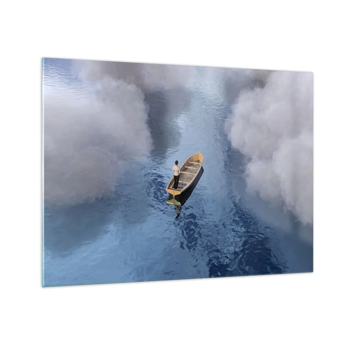 Glass picture - A man in a boat sailing through the water among the clouds - 70x50cm - Life - Travel - Unknown - Modern wall decoration for the living room and bedroom ARTTOR