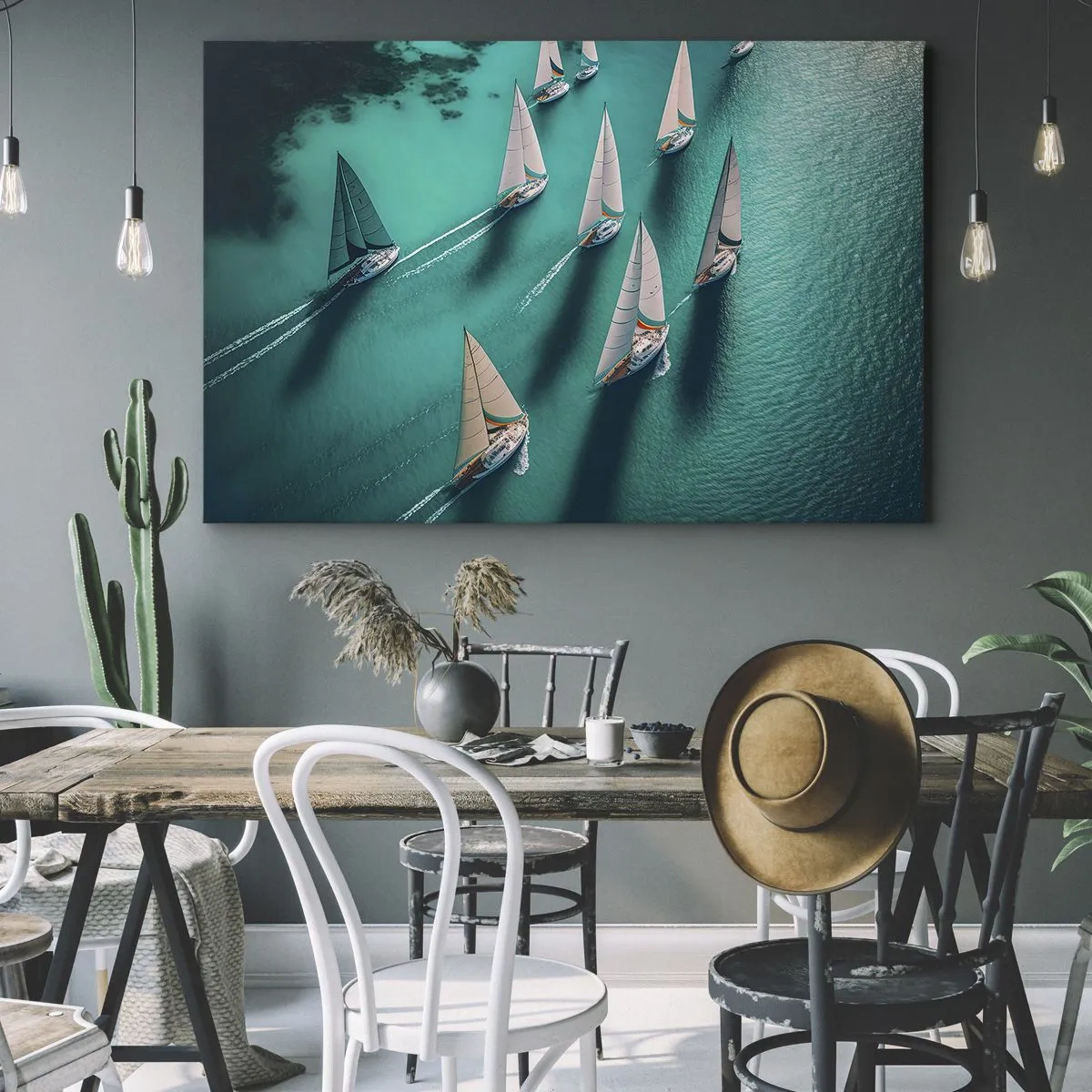 Canvas picture - Yachts on turquoise water in dynamic motion - 70x50cm - Competing with the Wind - Modern wall decoration for the living room and bedroom ARTTOR