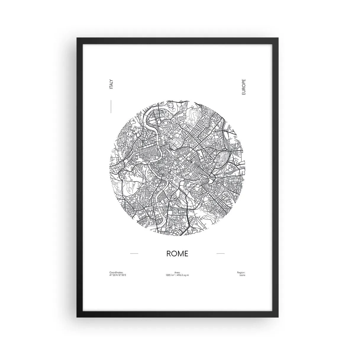 Poster in black frame - A minimalist map of Rome in black and white. - 50x70cm - Anatomy of Rome - Modern wall decoration for the living room and bedroom ARTTOR