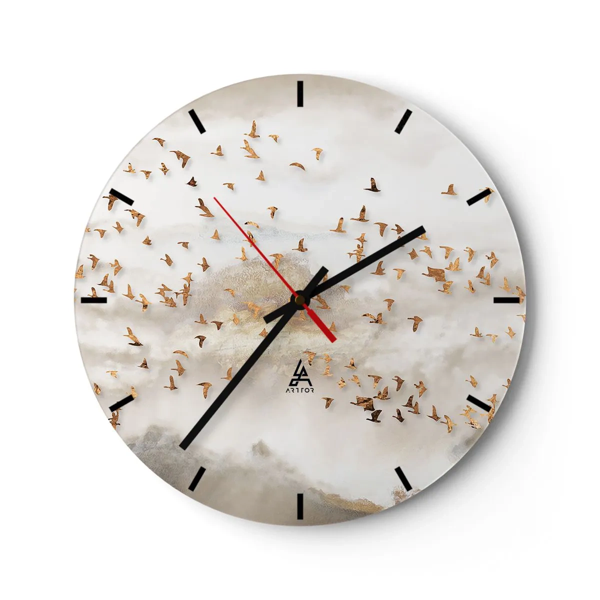 Wall clock - Clock on glass - A flock of birds flying against the backdrop of mountains in a delicate fog - 30x30cm - It Is Time - Modern wall decoration for the living room, kitchen, and bedroom ARTTOR