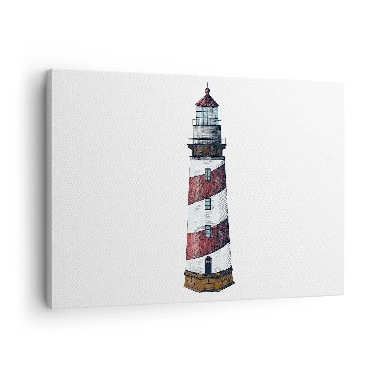Canvas picture - A cartoon image of a lighthouse with red and white stripes on a minimalist background. - 70x50cm - Always on Guard - Modern wall decoration for the living room and bedroom ARTTOR