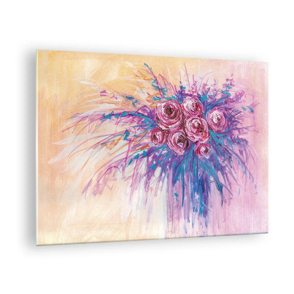 Glass picture - A bouquet of roses in shades of pink and purple on a pastel background - 70x50cm - Rose Fountain - Modern wall decoration for the living room and bedroom ARTTOR
