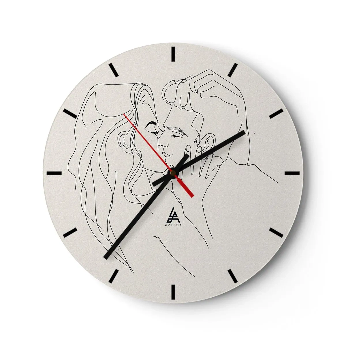 Wall clock - Clock on glass - A minimalist cartoon of a couple in love - 30x30cm - Tangled up by a Feeling - Modern wall decoration for the living room, kitchen, and bedroom ARTTOR