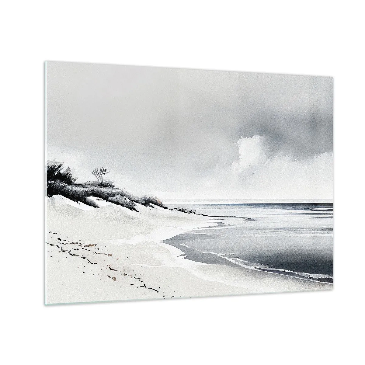 Glass picture - Black and white beach with horizon and calm sea - 70x50cm - Always Together - Modern wall decoration for the living room and bedroom ARTTOR