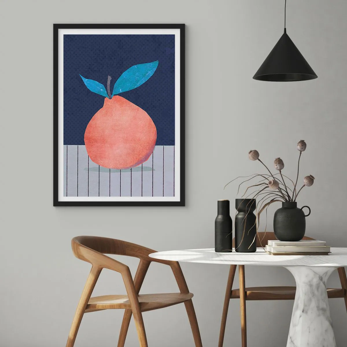 Poster in black frame - A minimalist illustration of an orange on a navy blue background - 50x70cm - Convexity and Plane - Modern wall decoration for the living room and bedroom ARTTOR