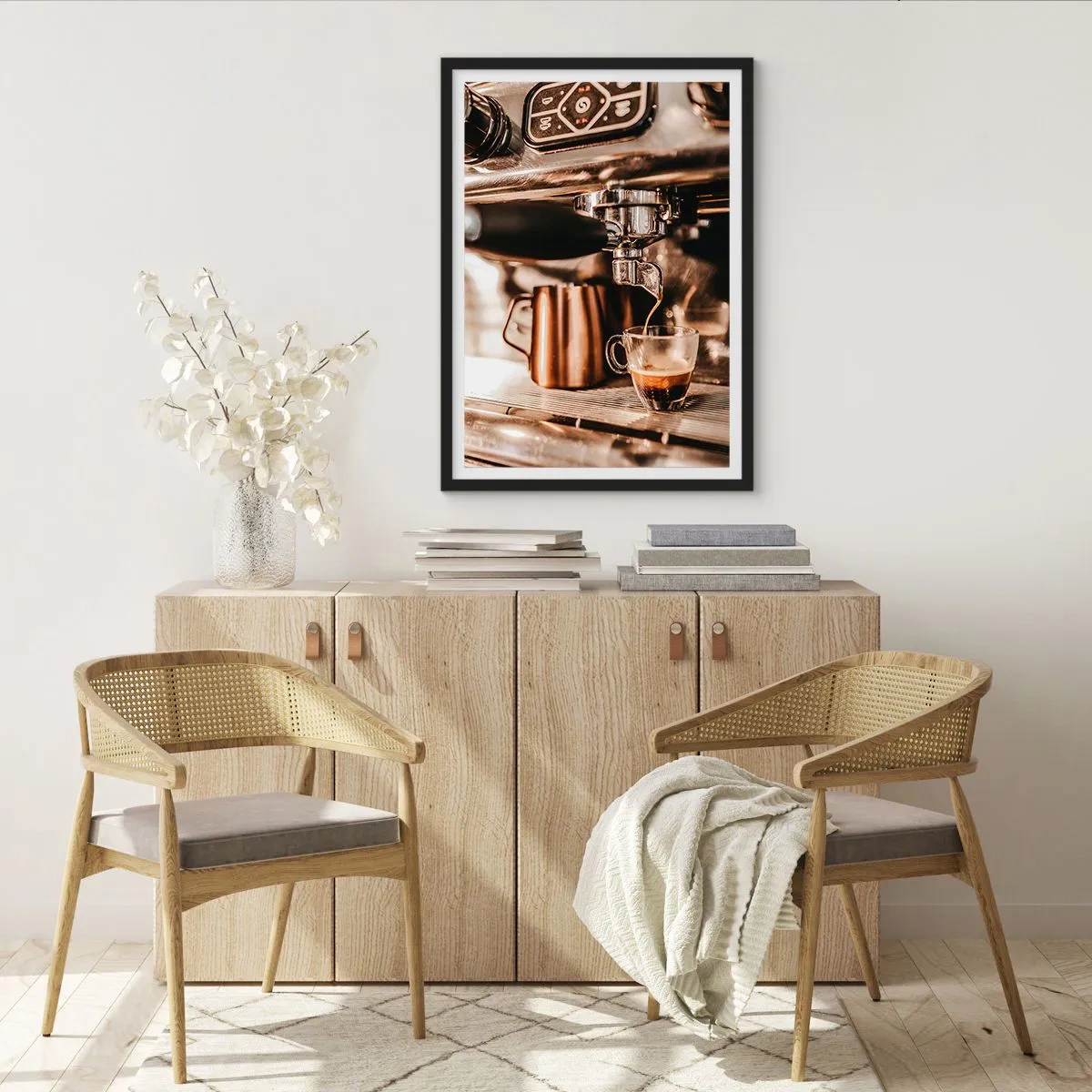 Poster in black frame - Aromatic espresso from the espresso machine - 50x70cm - Glow of a Coffee - Modern wall decoration for the living room and bedroom ARTTOR