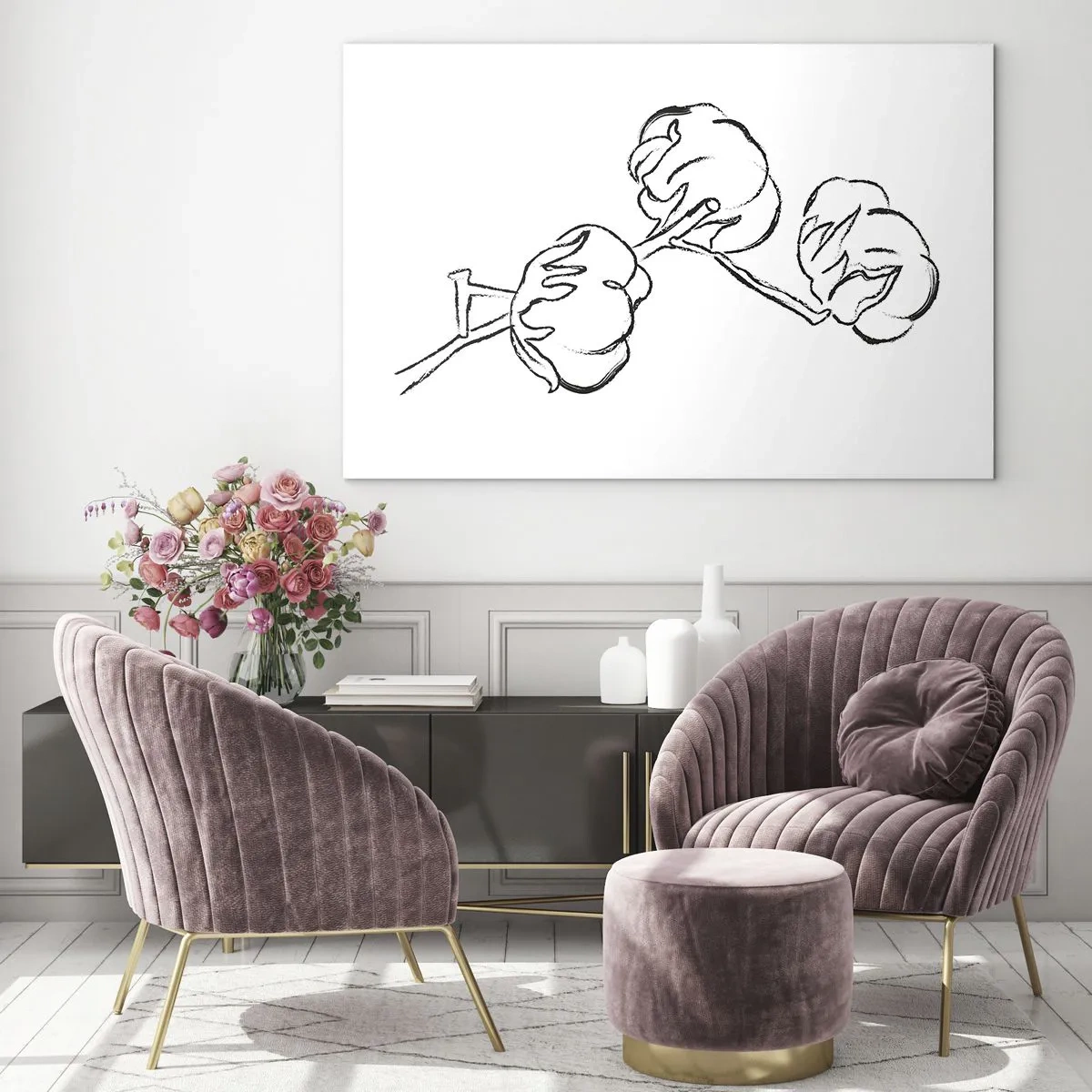 Glass picture - A minimalist sketch of a cotton branch in black lines. - 70x50cm - Cotton Fluff - Modern wall decoration for the living room and bedroom ARTTOR