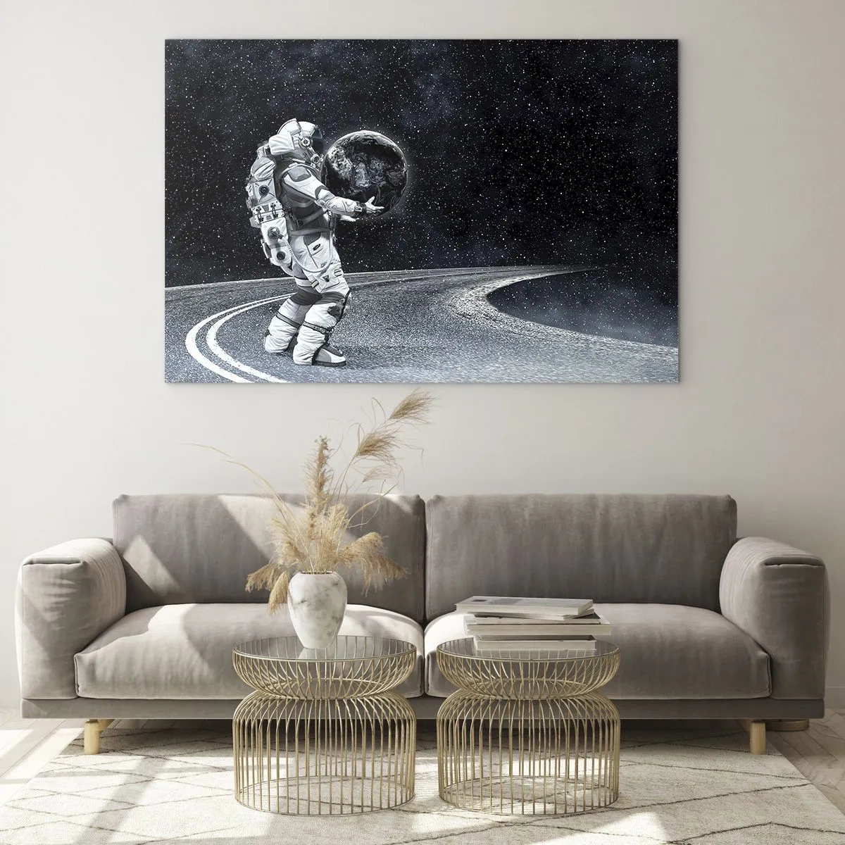 Glass picture - An astronaut carrying the Earth on its way through the universe - 70x50cm - On the Milky Way - Modern wall decoration for the living room and bedroom ARTTOR