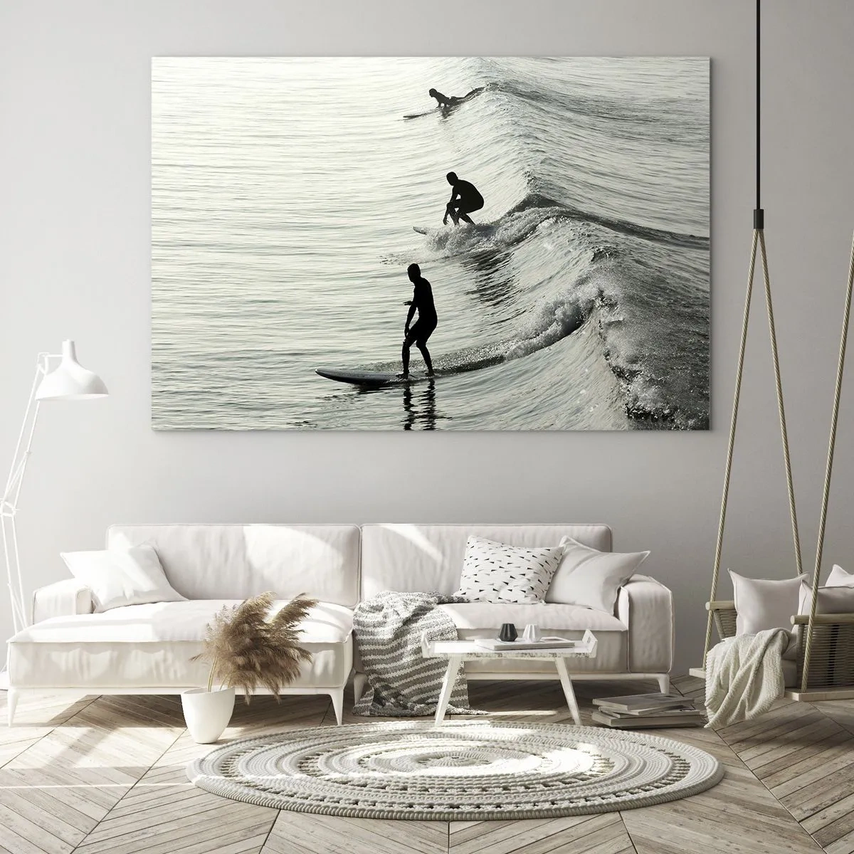 Glass picture - Three surfers riding the waves in the morning - 70x50cm - Meeting the Wave - Modern wall decoration for the living room and bedroom ARTTOR