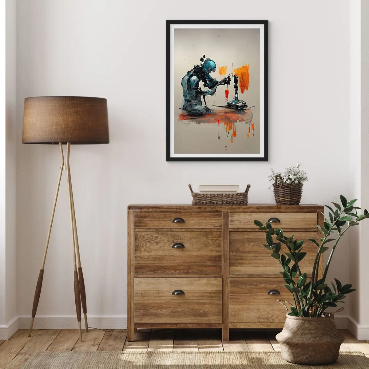 Poster in black frame - A cybernetic robot in the act of creating art. - 50x70cm - This Is Tomorrow - Modern wall decoration for the living room and bedroom ARTTOR