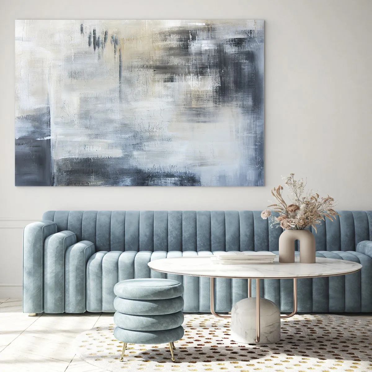Glass picture - Abstract composition in shades of blue and gray - 70x50cm - Behind the Curtain of Blue - Modern wall decoration for the living room and bedroom ARTTOR