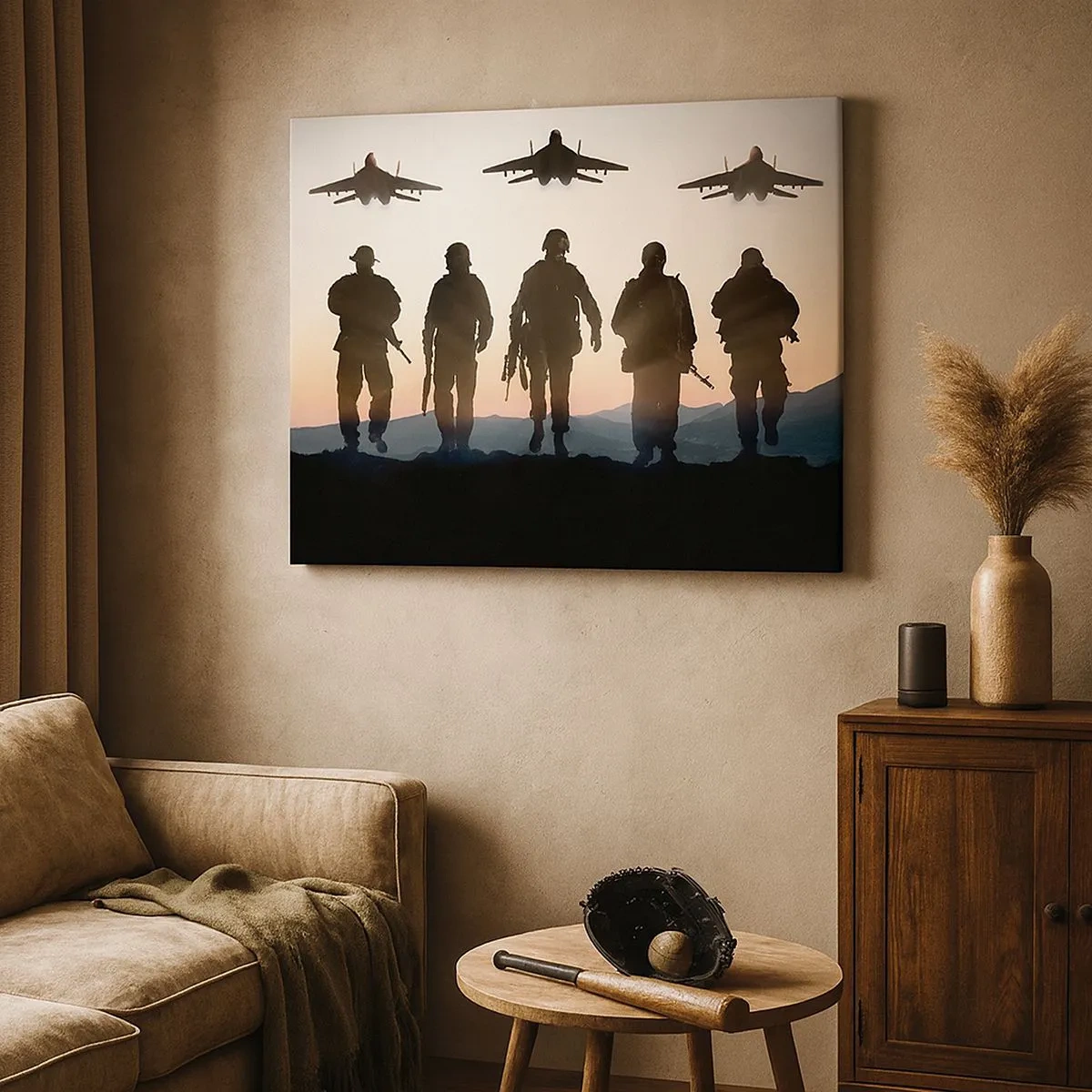 Canvas picture - Silhouettes of soldiers and fighter jets against the sunset background - 70x50cm - Welcome to Our World - Modern wall decoration for the living room and bedroom ARTTOR