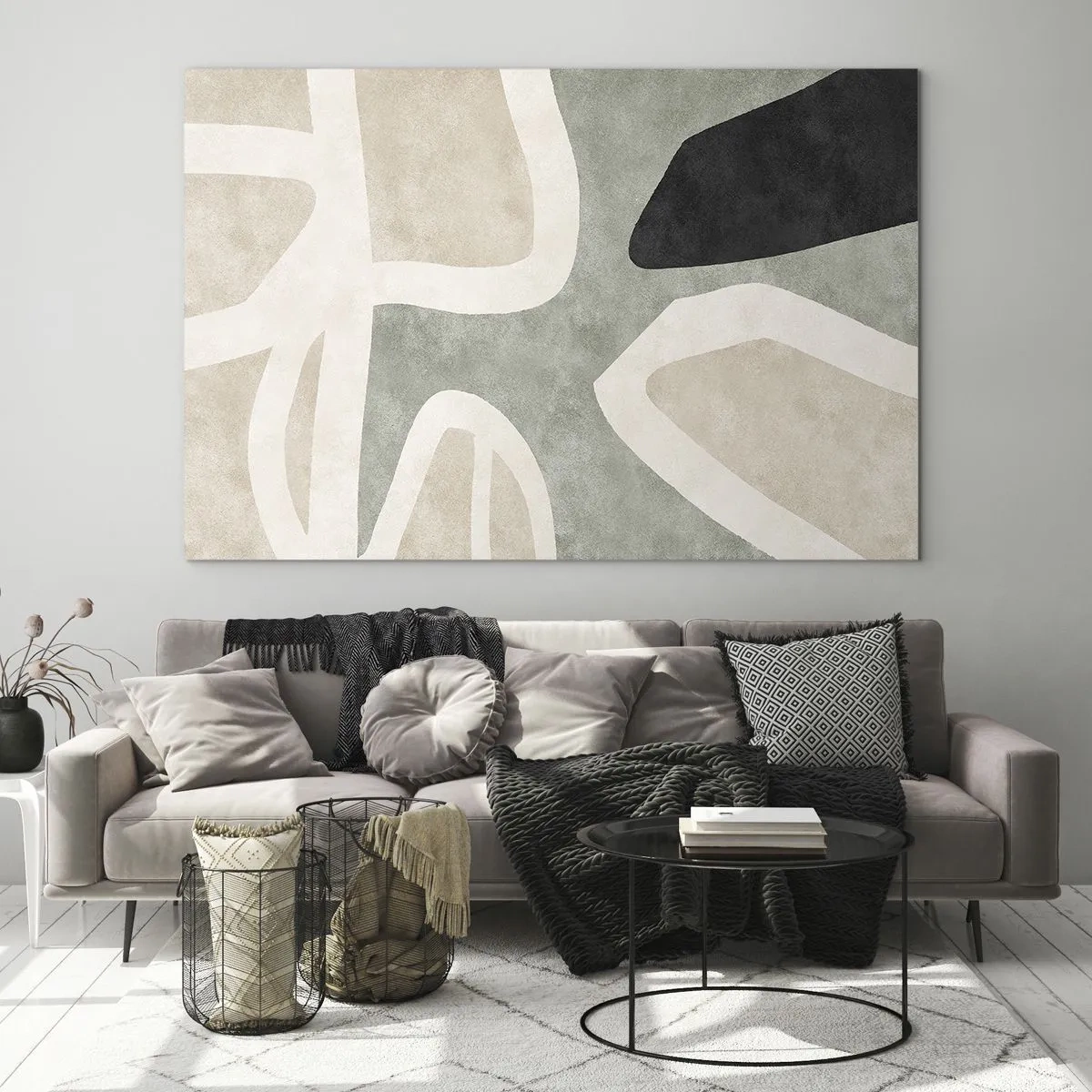 Glass picture - Abstract shapes in beige and green with a touch of black - 70x50cm - Composition with a Black Motif - Modern wall decoration for the living room and bedroom ARTTOR