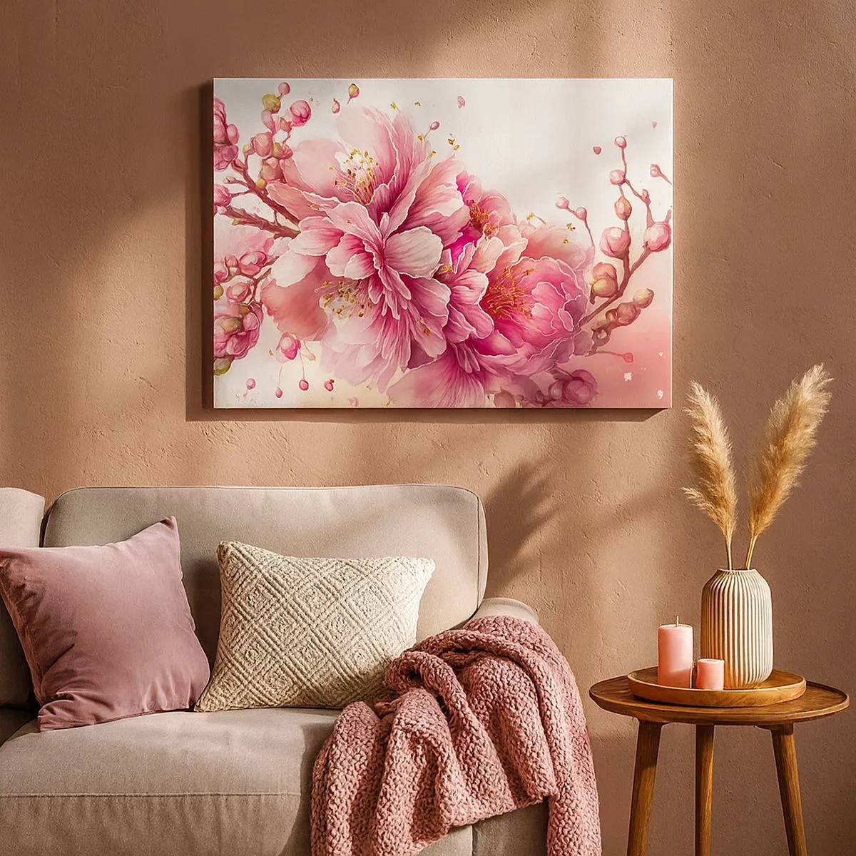 Canvas picture - Delicate cherry blossoms in full bloom against a light background - 70x50cm - Land of Cherry Blossoms - Modern wall decoration for the living room and bedroom ARTTOR