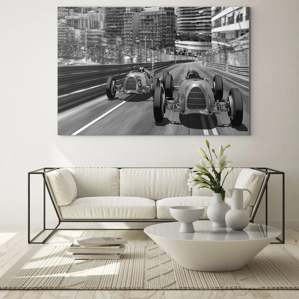 Glass picture - Historic car race in black and white - 70x50cm - Long Time Ago in Monte Carlo - Modern wall decoration for the living room and bedroom ARTTOR