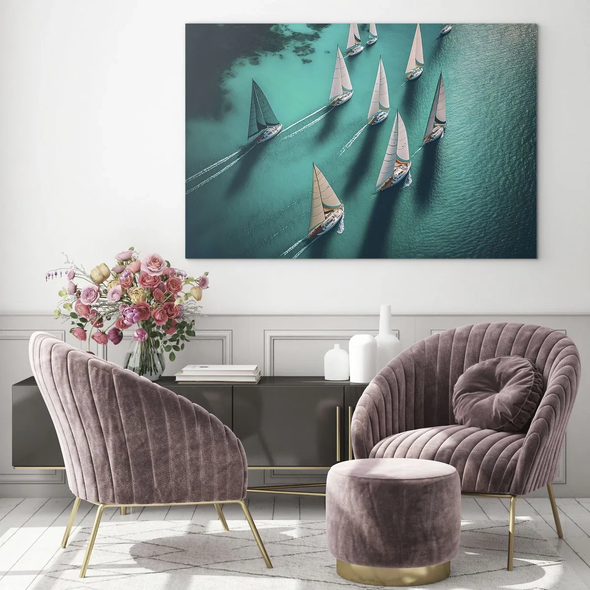 Glass picture - Sailboats on turquoise water captured from a bird's eye view - 70x50cm - Competing with the Wind - Modern wall decoration for the living room and bedroom ARTTOR
