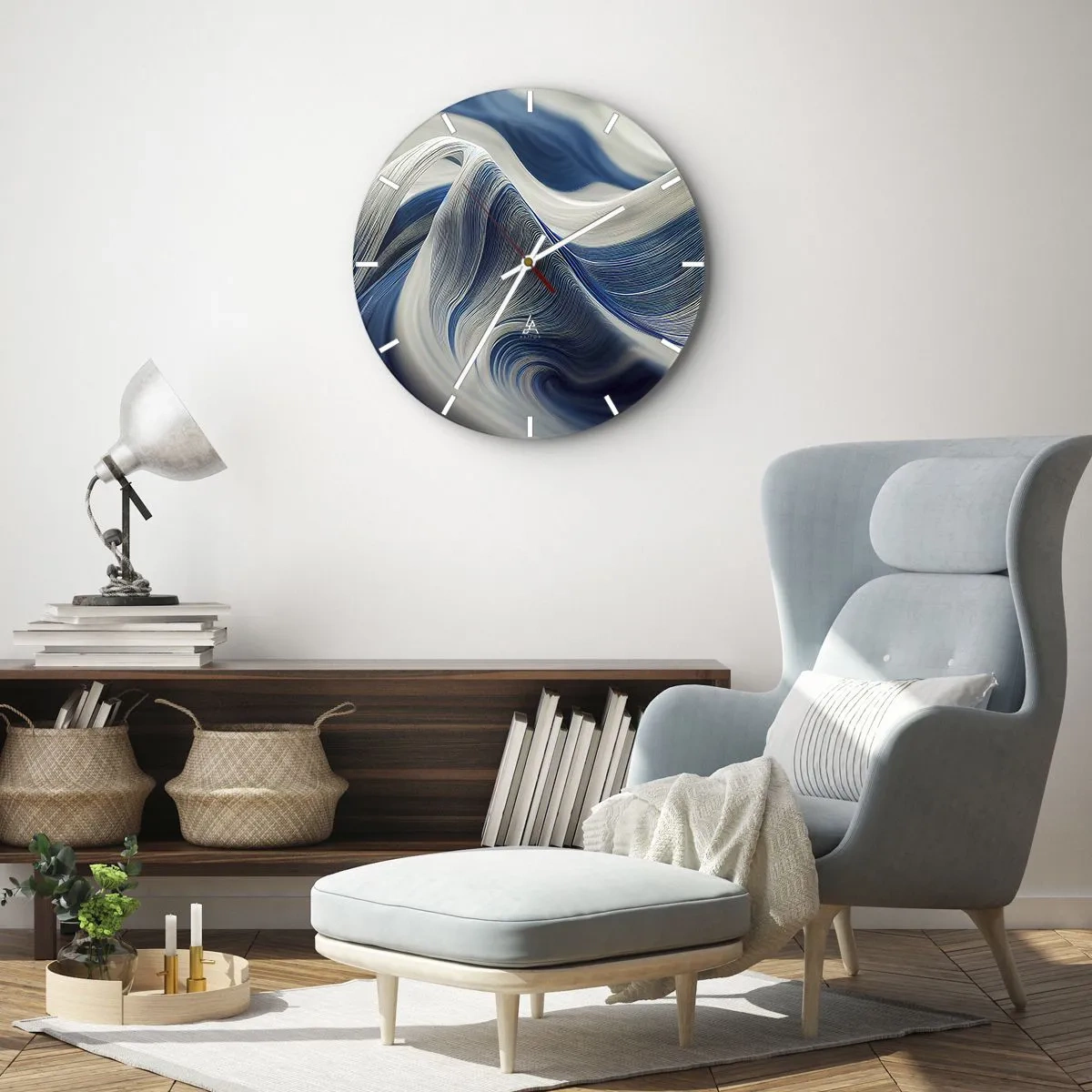 Wall clock - Clock on glass - Dynamic swirls in shades of blue and white with a wavy arrangement - 30x30cm - Fluidity of Blue and White - Modern wall decoration for the living room, kitchen, and bedroom ARTTOR