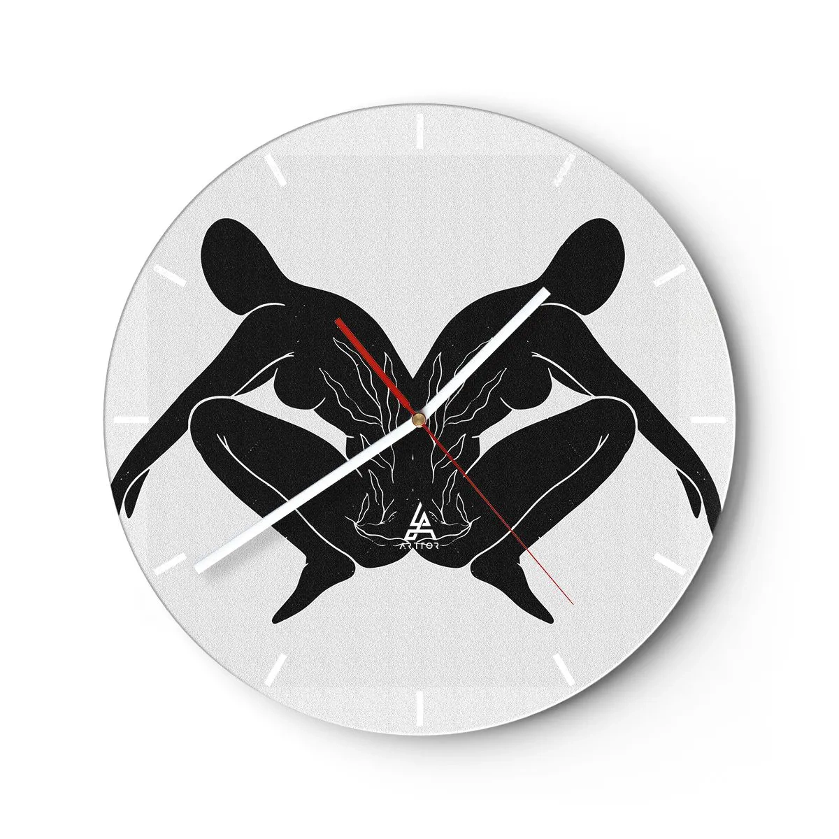 Wall clock - Clock on glass - Symmetrical figures in black forming a heart with fire in the center on a light background. - 30x30cm - Mutual Soul - Modern wall decoration for the living room, kitchen, and bedroom ARTTOR