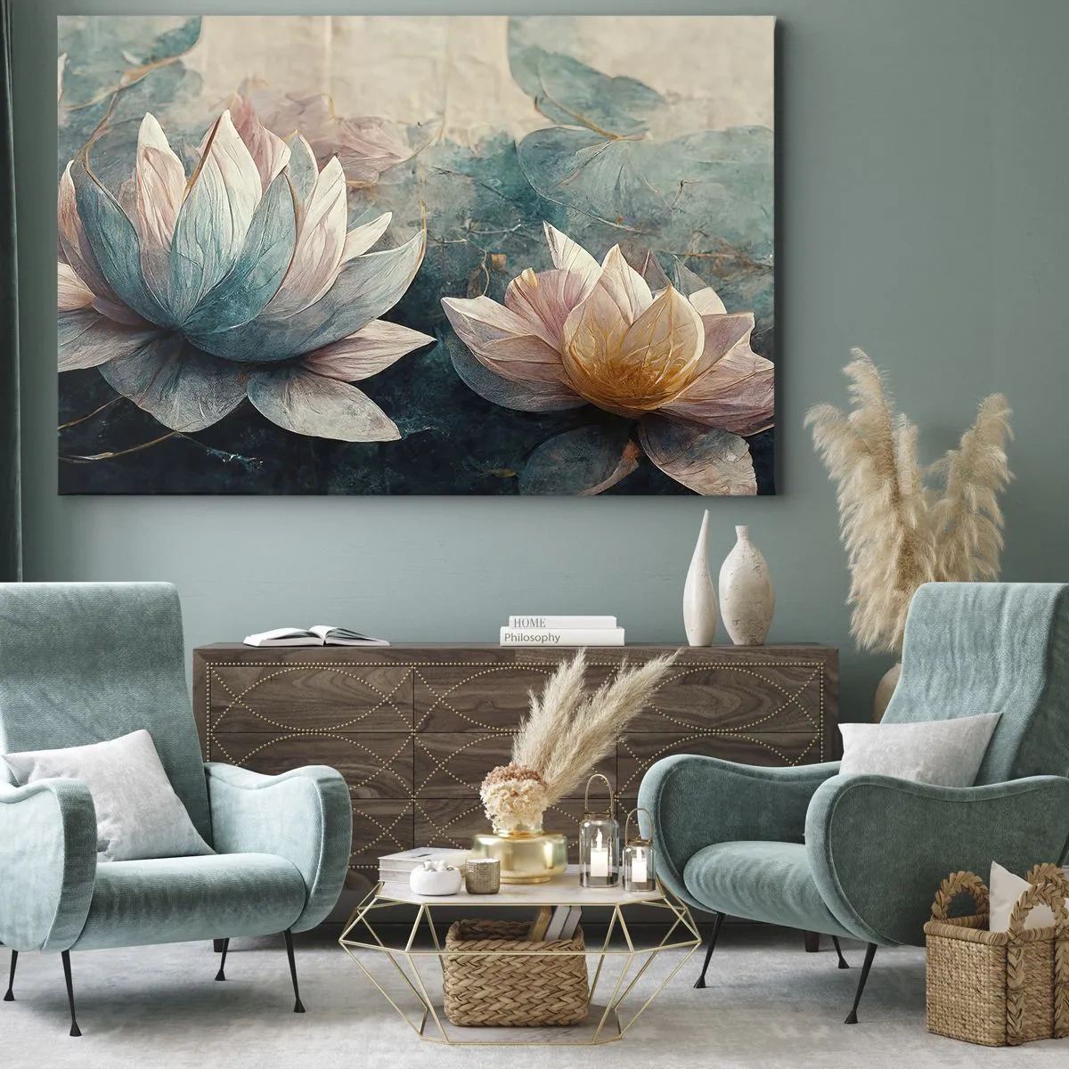 Canvas picture - Subtle water lilies in pastel shades of blue and gold - 70x50cm - Stars of the Lake - Modern wall decoration for the living room and bedroom ARTTOR