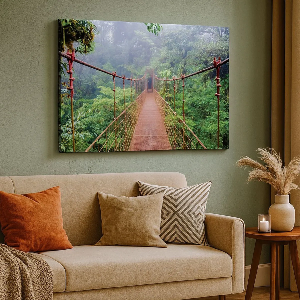 Canvas picture - A suspension bridge in a tropical jungle surrounded by fog - 70x50cm - Suspended above Crowns - Modern wall decoration for the living room and bedroom ARTTOR