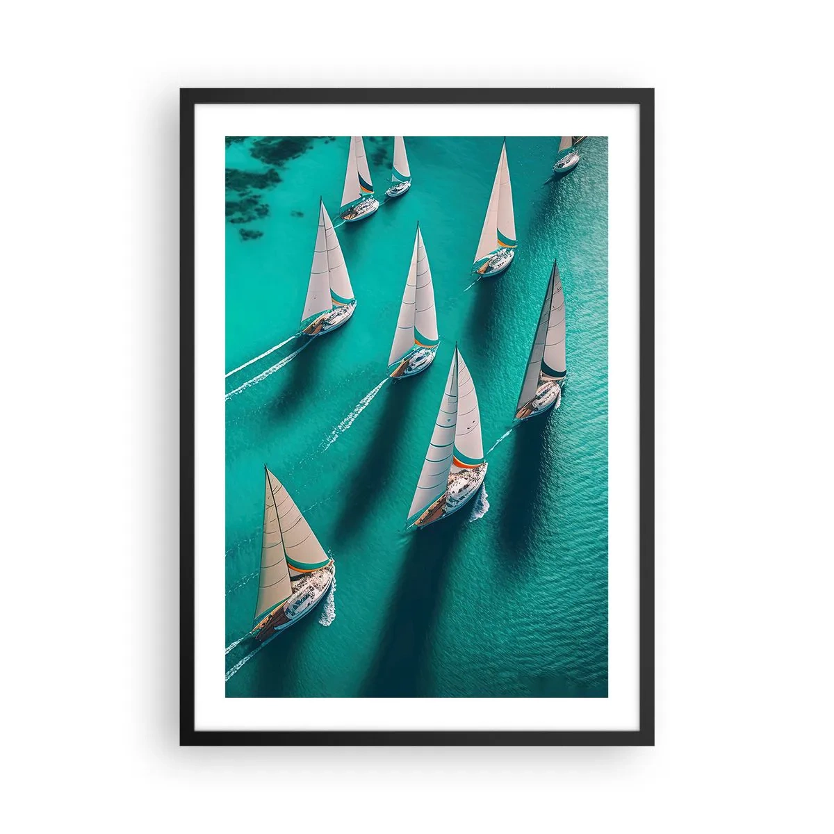 Poster in black frame - Sailing regatta on turquoise water - 50x70cm - Competing with the Wind - Modern wall decoration for the living room and bedroom ARTTOR