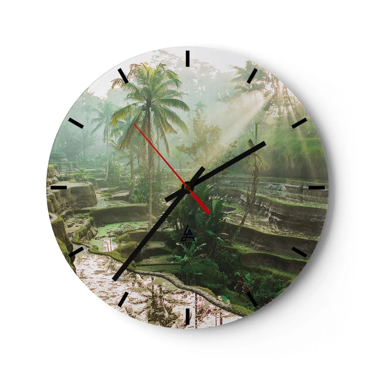 Wall clock - Clock on glass - Rice terraces in a tropical landscape on a foggy morning - 30x30cm - Maturing in the Sun - Modern wall decoration for the living room, kitchen, and bedroom ARTTOR