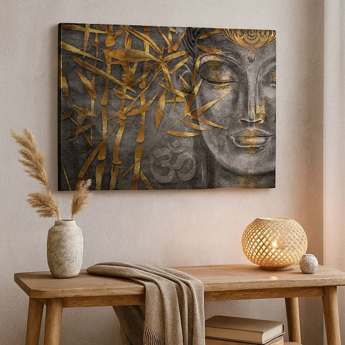 Canvas picture - Zen Buddha image with golden bamboos - 70x50cm - Feel the Peace - Modern wall decoration for the living room and bedroom ARTTOR