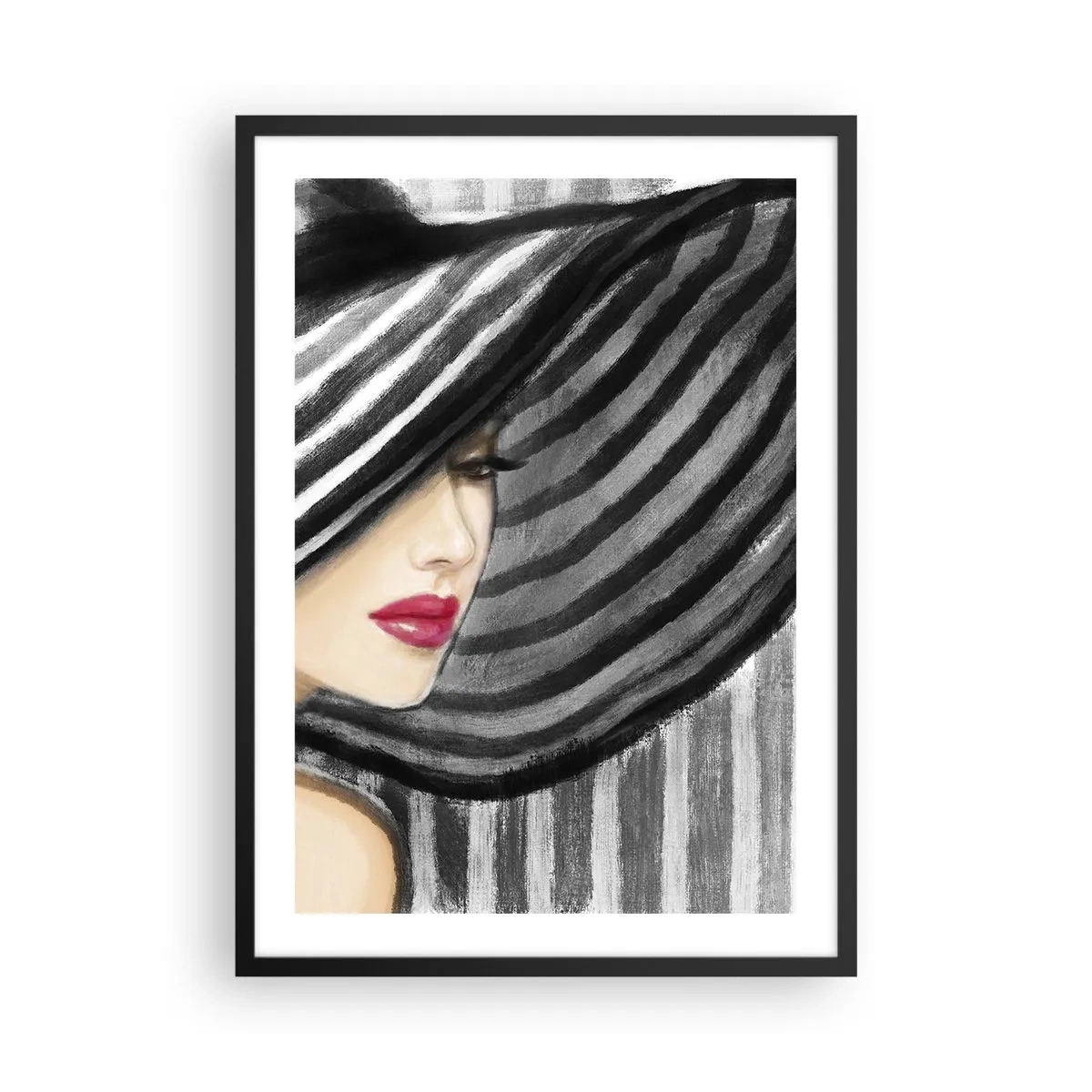 Poster in black frame - A woman in a wide hat with red lips - 50x70cm - Where Can I Find You? - Modern wall decoration for the living room and bedroom ARTTOR