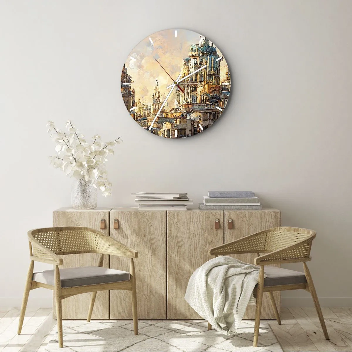 Wall clock - Clock on glass - The towers and buildings of a fantasy city at sunset - 30x30cm - City of Cities - Modern wall decoration for the living room, kitchen, and bedroom ARTTOR