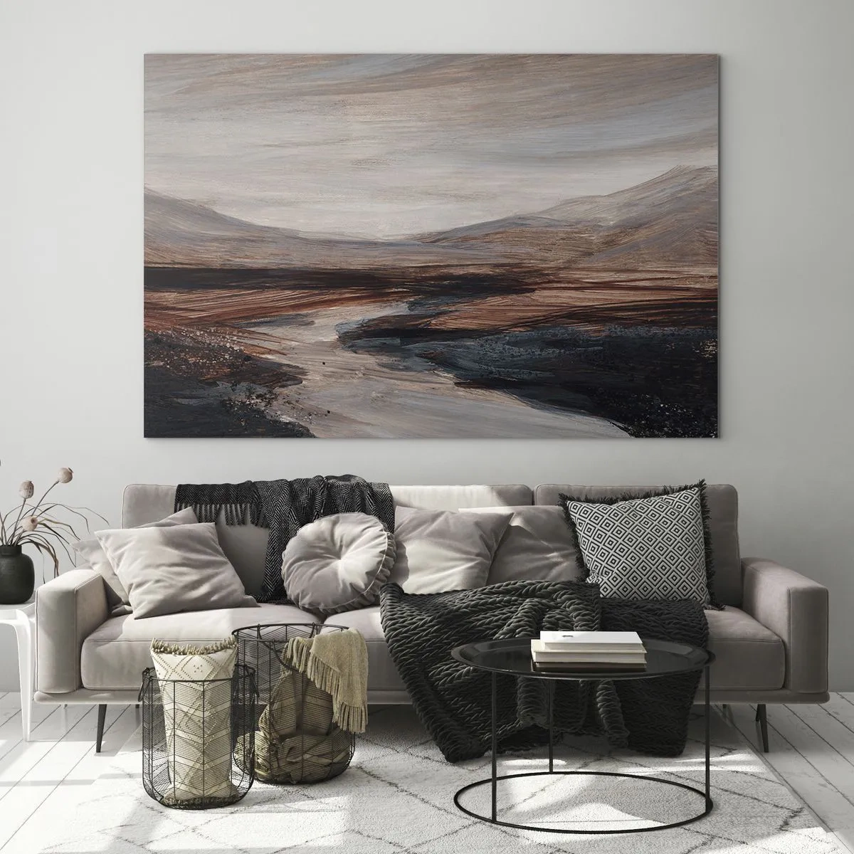 Glass picture - A picturesque valley with a river in shades of brown and blue - 70x50cm - Quiet Valley - Modern wall decoration for the living room and bedroom ARTTOR