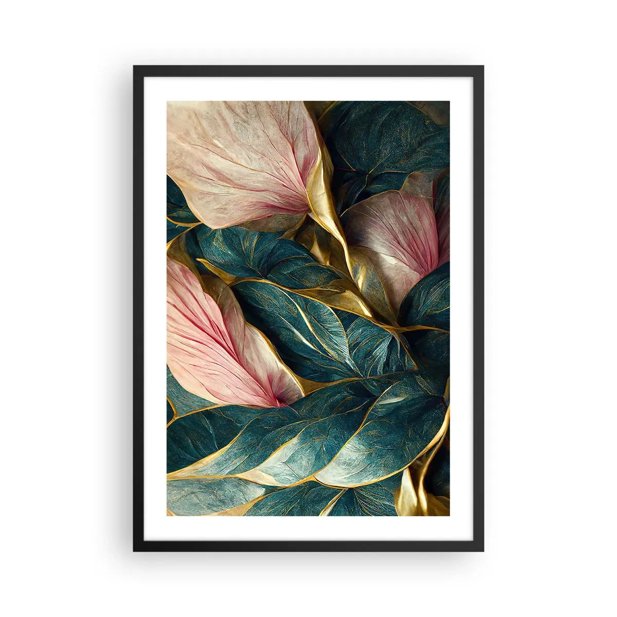 Poster in black frame - An elegant composition of leaves in shades of green, gold and pink - 50x70cm - Natural Elegance and Style - Modern wall decoration for the living room and bedroom ARTTOR