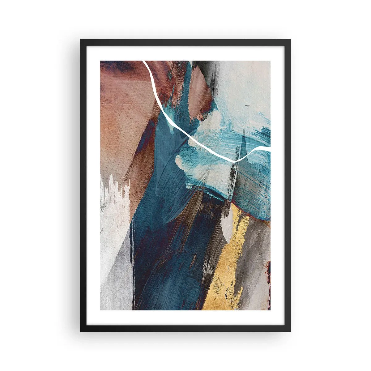 Poster in black frame - Expressive abstraction in shades of blue and gold - 50x70cm - With Panache and Energy - Modern wall decoration for the living room and bedroom ARTTOR