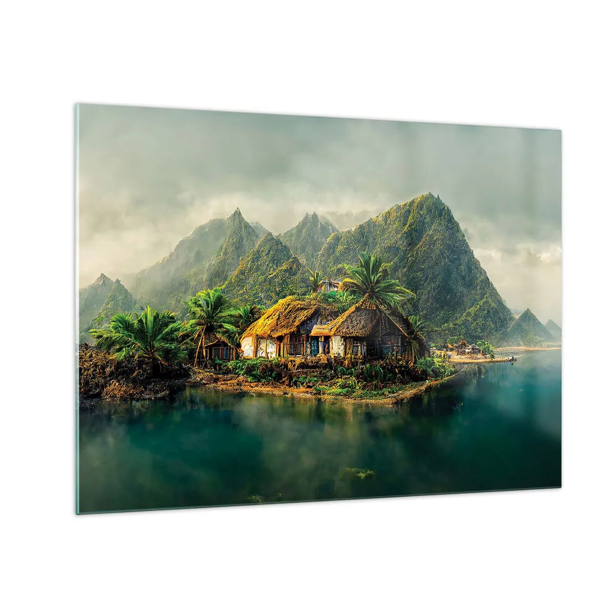 Glass picture - A tropical village by the water surrounded by mountains and palm trees - 70x50cm - Tropical Paradise - Modern wall decoration for the living room and bedroom ARTTOR