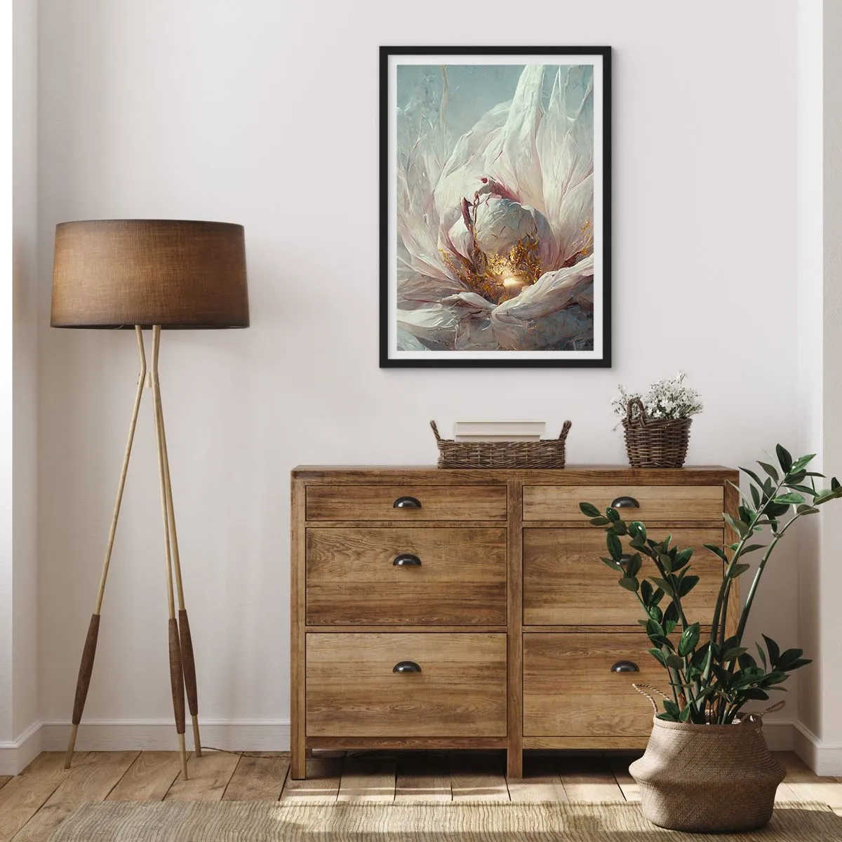 Poster in black frame - A subtle abstraction with a flower motif in delicate shades of white and gold. - 50x70cm - It Blooms Once Every Hunderd Years - Modern wall decoration for the living room and bedroom ARTTOR