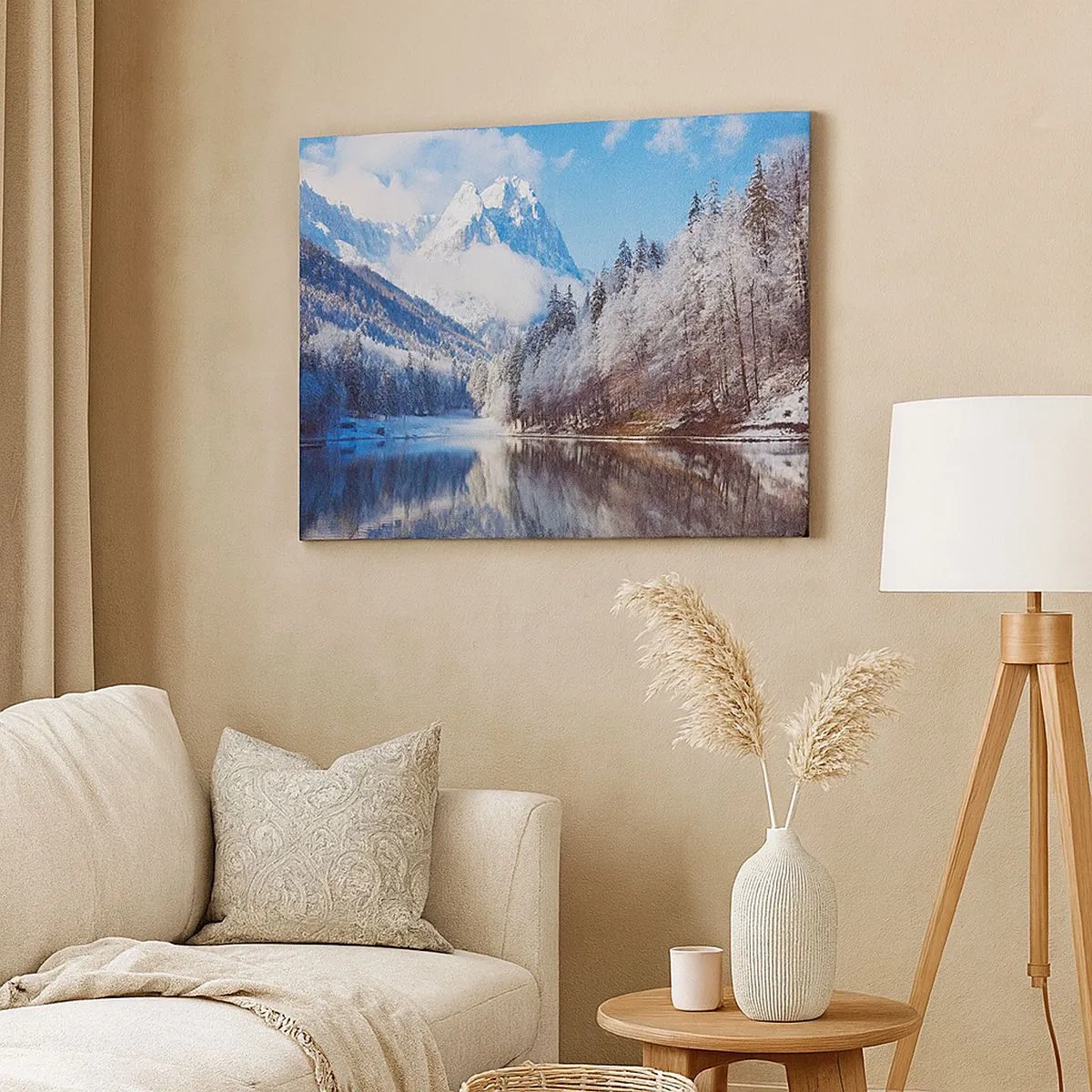 Canvas picture - Winter mountain landscape with snow-covered trees and a lake - 70x50cm - Snow Patrol - Modern wall decoration for the living room and bedroom ARTTOR