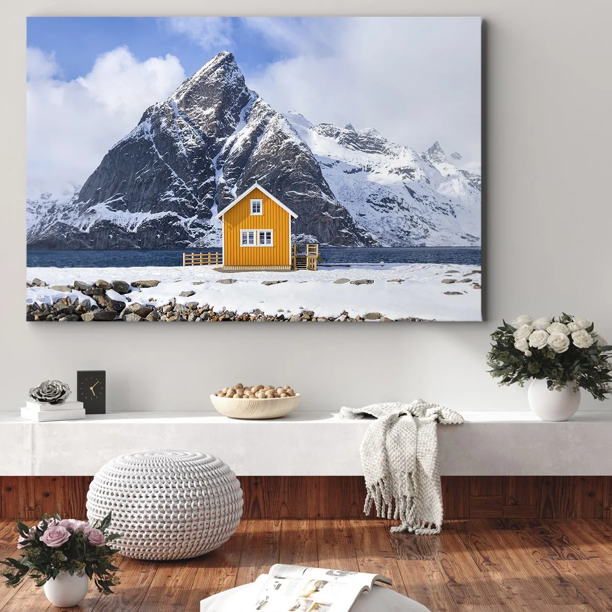 Canvas picture - A yellow house against the backdrop of snow-covered mountains and the sea - 70x50cm - Scandinavian Holiday - Modern wall decoration for the living room and bedroom ARTTOR