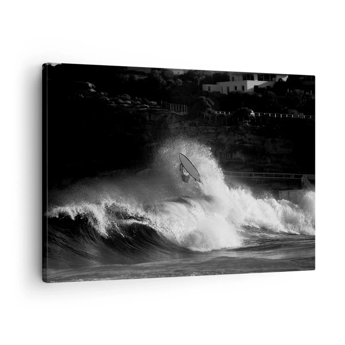 Canvas picture - A surfer riding a wave in monochrome - 70x50cm - Challenge Accepted! - Modern wall decoration for the living room and bedroom ARTTOR